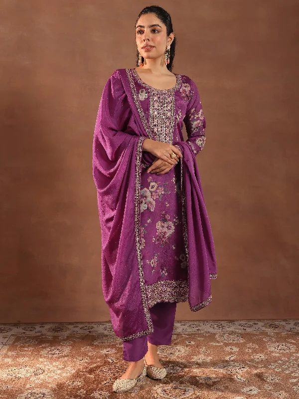 Affordable Jackets For Women Burgundy Printed Silk Blend Straight Suit With Dupatta