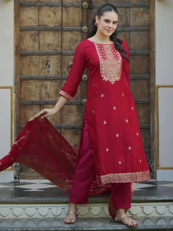 Women’s Chic Jumpsuits Red Woven Design Silk Blend Straight Suit With Dupatta