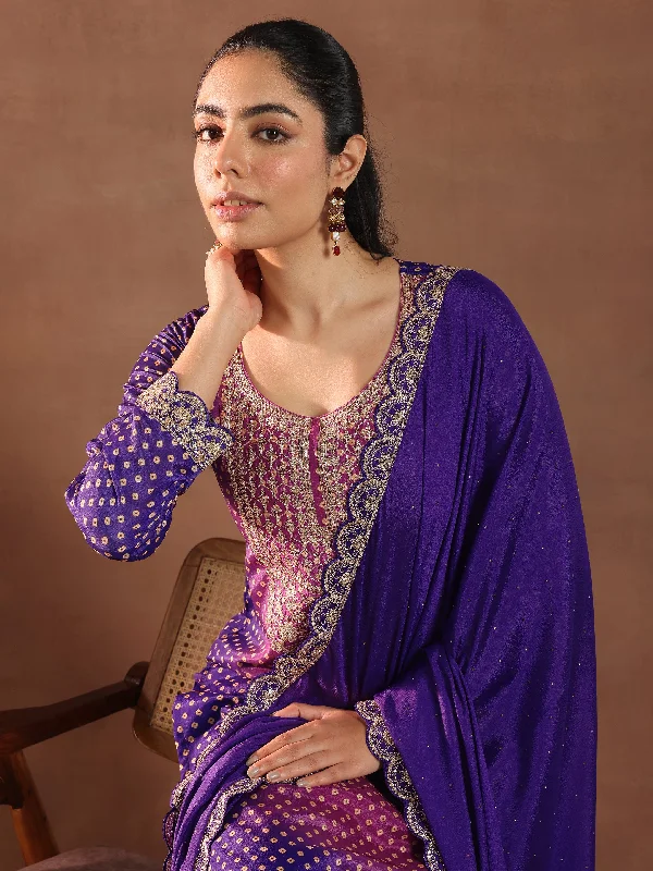 Women’s Fashion Blouses Purple Printed Silk Blend Straight Suit With Dupatta