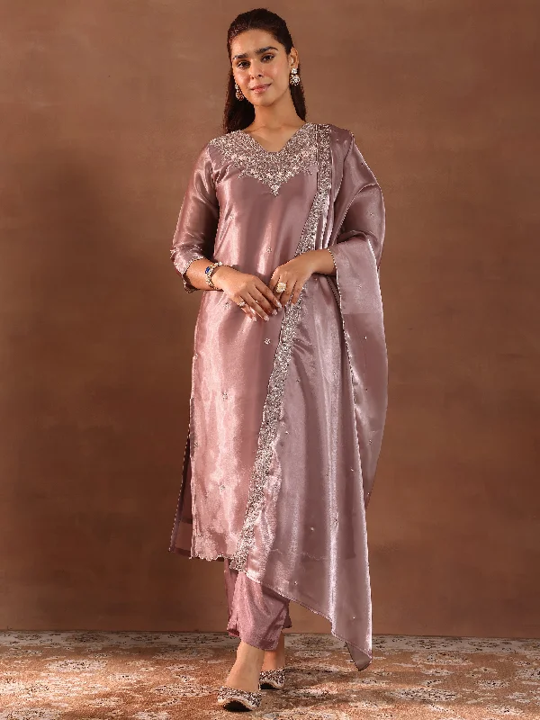 Comfortable Outerwear For Women Mauve Yoke Design Tissue Straight Suit With Dupatta