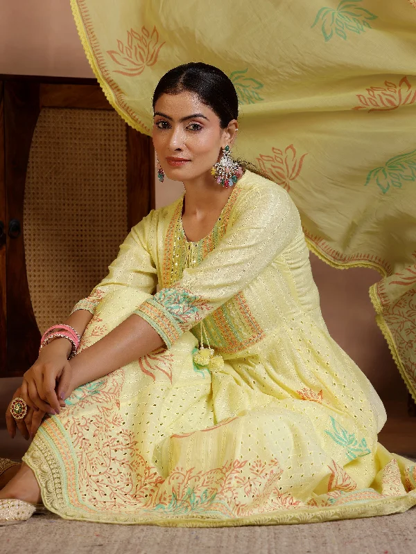 Women’s Fitness Tops Yellow Embroidered Cotton A-Line Kurta With Trousers & Dupatta