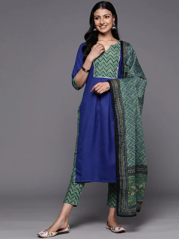 Women’s Summer Jackets Blue Yoke Design Cotton Straight Kurta With Trousers & Dupatta