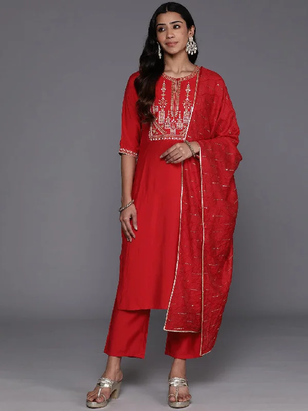 Stylish Evening Dresses Red Yoke Design Silk Blend Straight Suit With Dupatta