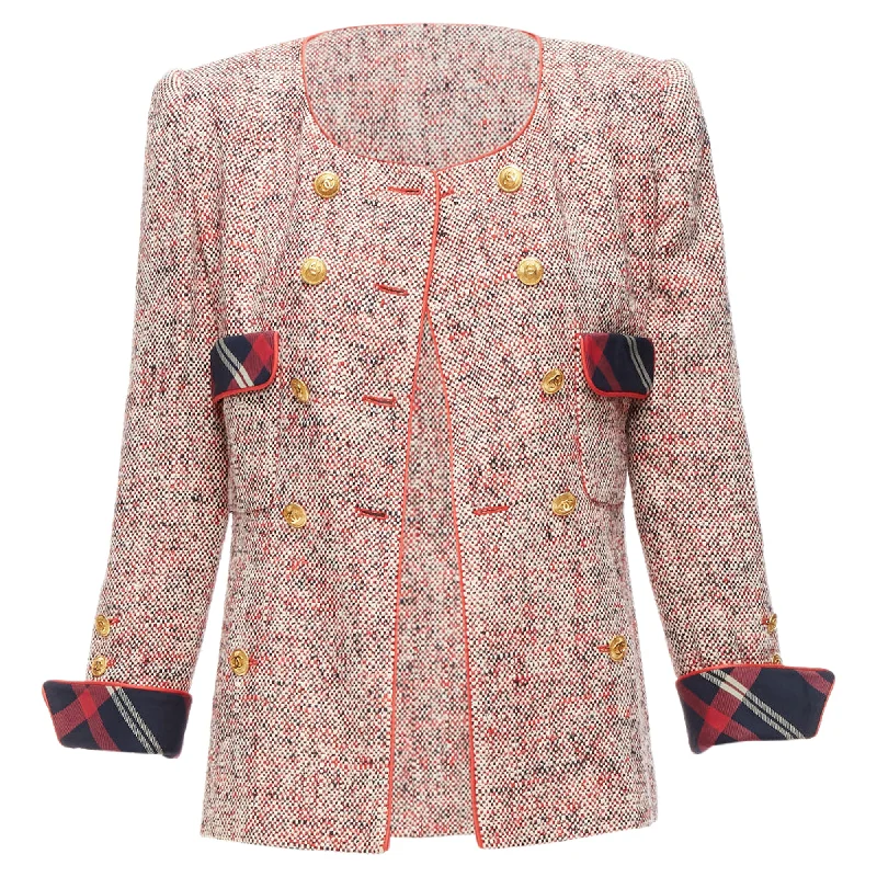 Elegant Workwear For Women Chanel Red Boucle Tweed Gold Button Double Breast Blazer Jacket