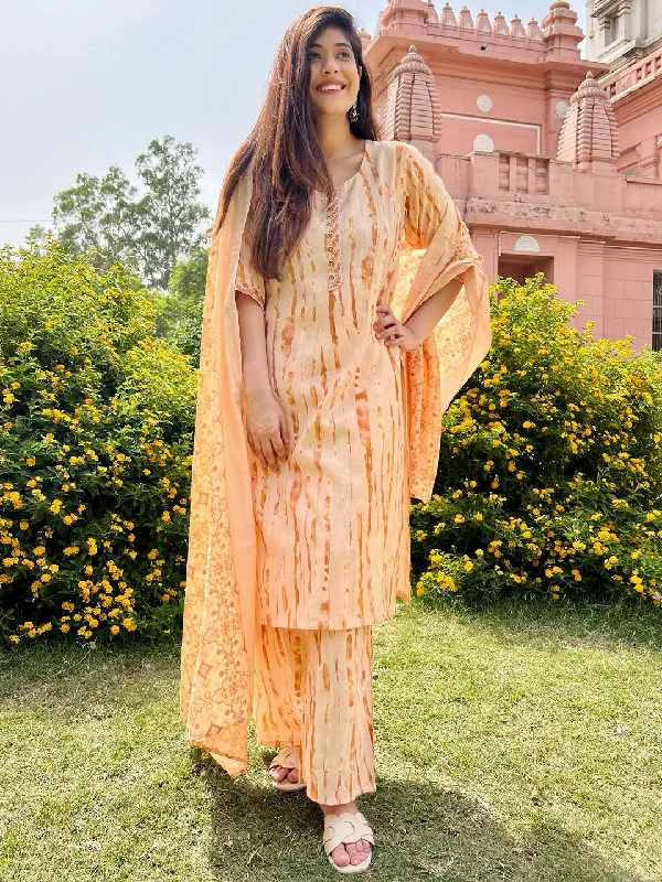 Women’s Denim Jackets Online Orange Printed Silk Blend Straight Kurta With Trousers & Dupatta