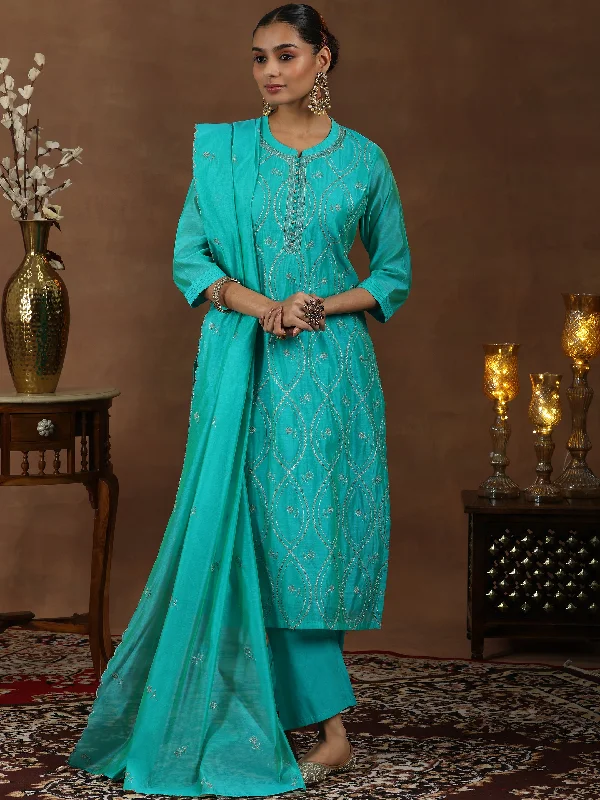 Trendy Plus Size Tops Teal Embroidered Chanderi Silk Straight Suit With Dupatta