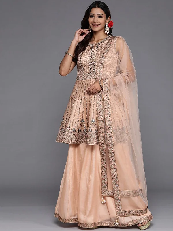 Plus Size Outerwear Clothing Libas Art Peach Embroidered Silk Anarkali Suit Set