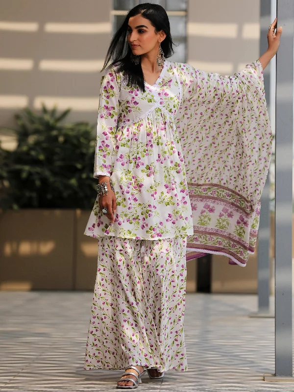 Trendy Accessories For Women Off White Printed Cotton A-Line Kurta With Sharara & Dupatta