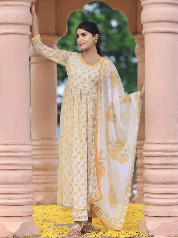 Best Shoes For Women Off white Printed Poly Chiffon A-Line Kurta With Sharara & Dupatta