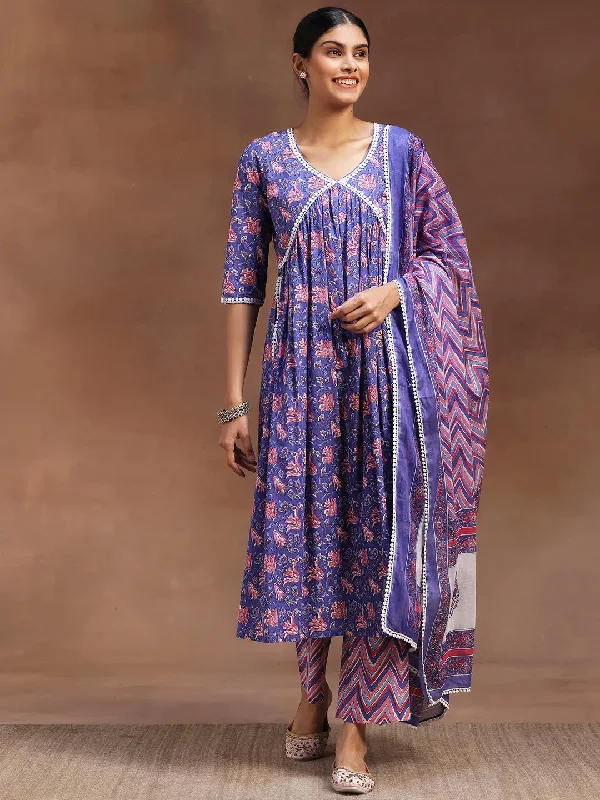 Women’s Casual Hoodies Purple Printed Cotton A-line Kurta With Trousers & Dupatta