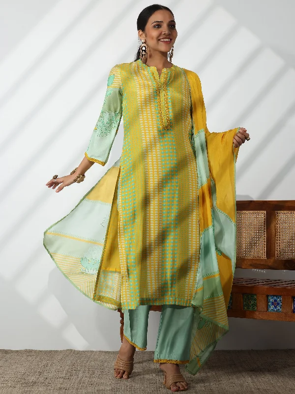Comfortable Evening Dresses Yellow Printed Cotton Blend Straight Suit With Dupatta
