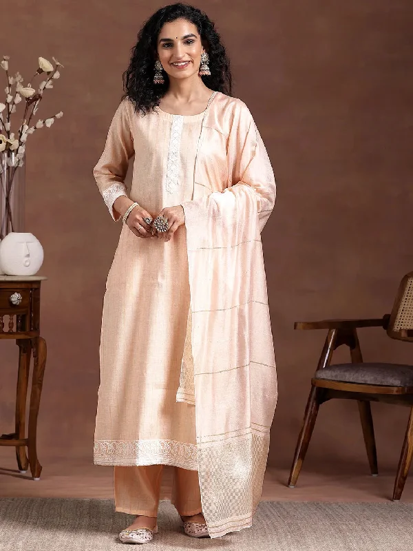 Trendy Accessories For Women Peach Embroidered Cotton Blend Straight Suit With Dupatta