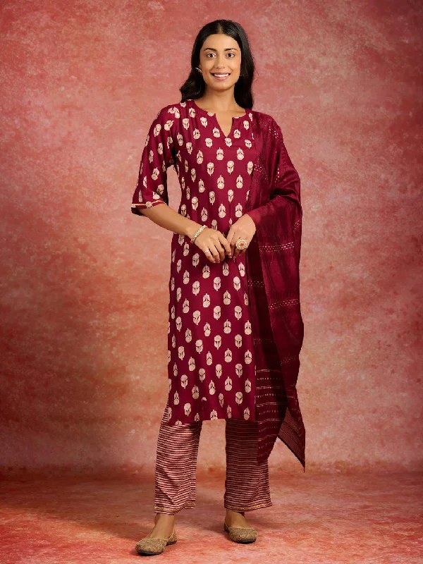 Stylish Maternity Dresses Maroon Printed Silk Blend Straight Suit With Dupatta