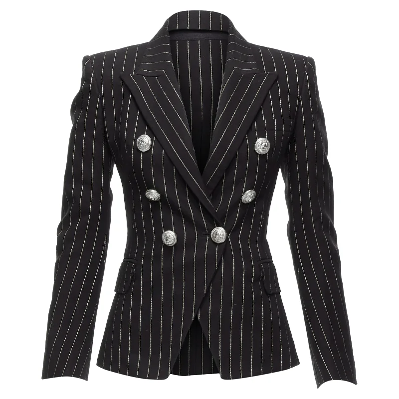 Warm Sweaters For Women Balmain Metallic Striped Cotton Blend Double Breasted Blazer