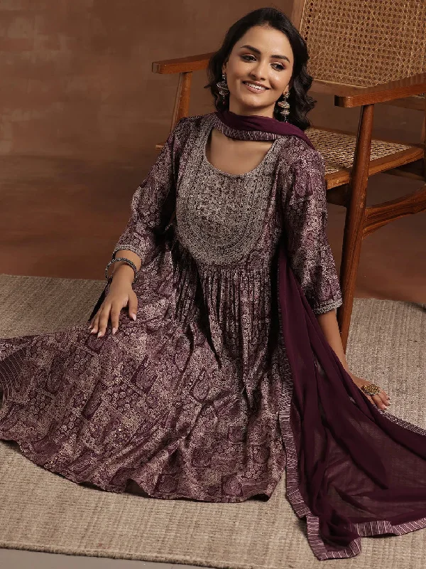 Modern Dresses For Women Wine Printed Silk Blend A-Line Kurta With Trousers & Dupatta