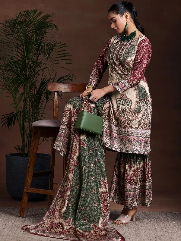 Comfortable Boots For Women Beige Printed Silk Blend Straight Suit With Dupatta