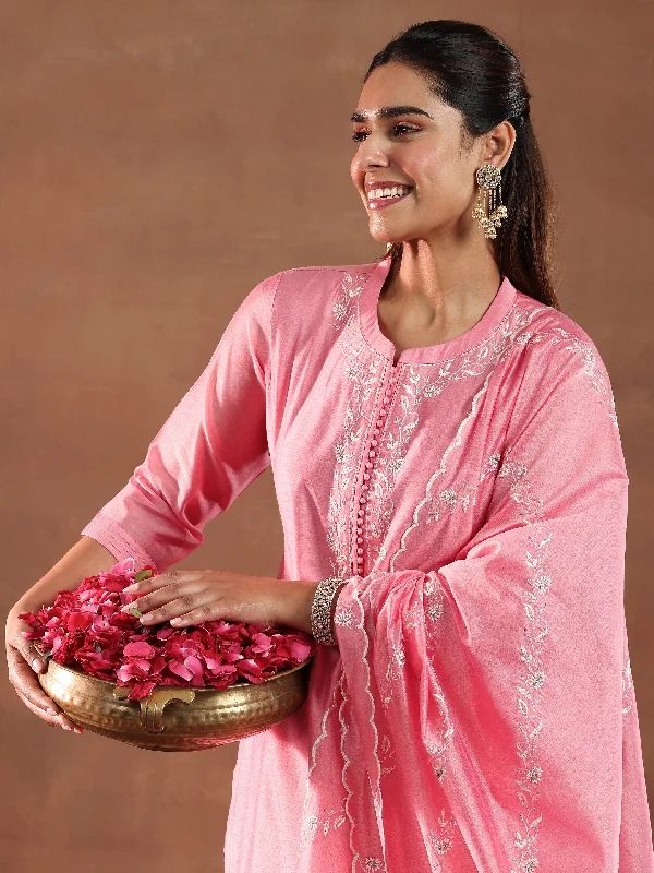 Fashion Blouses For Women Coral Yoke Design Chanderi Silk Straight Suit With Dupatta