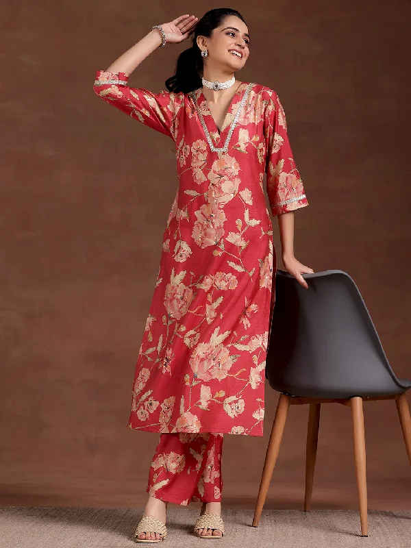 Plus Size Fashion Dresses Red Printed Silk Blend Straight Kurta Set
