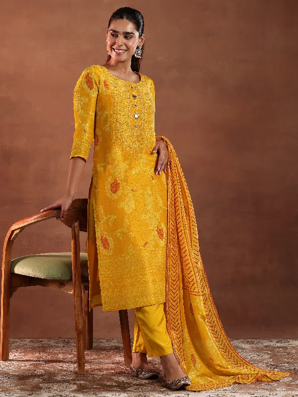 Women’s Evening Gowns Mustard Printed Silk Blend Straight Suit With Dupatta