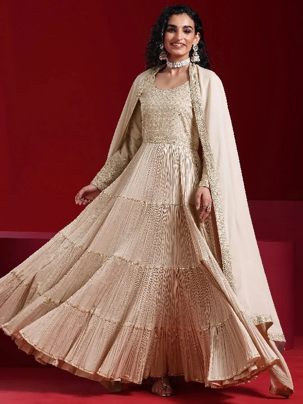Affordable Dresses For Women Libas Art Grey Embroidered Cotton Blend A-Line Kurta With Sharara & Dupatta