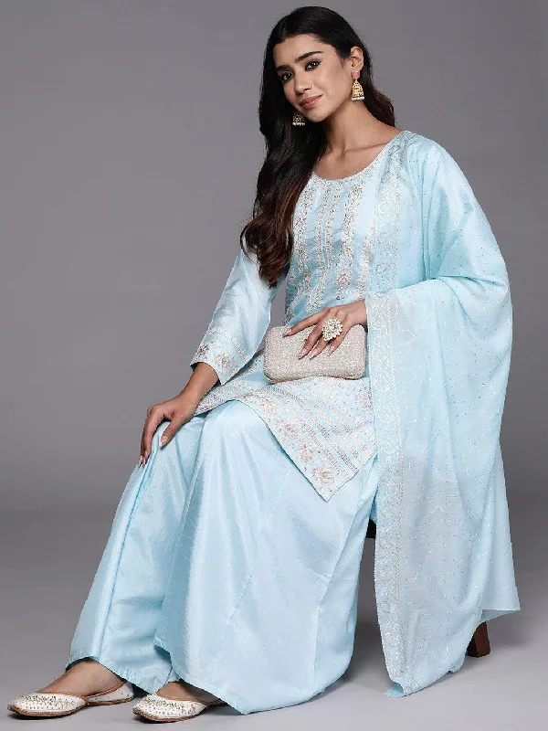 Casual Coats For Women Libas Art Blue Embroidered Silk Blend Straight Suit With Dupatta