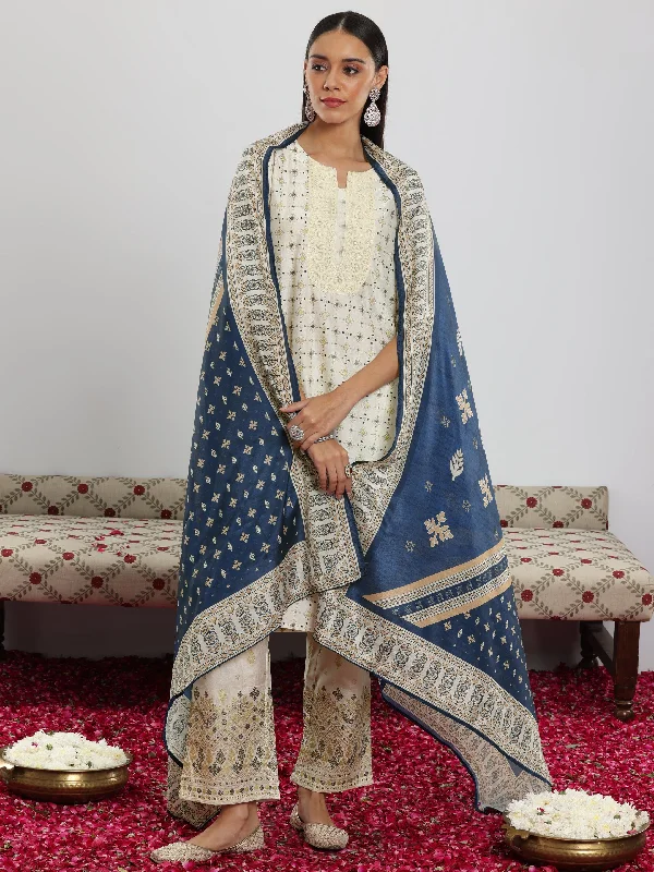 Women's Stylish Pants Off White Printed Silk Blend Straight Suit With Dupatta