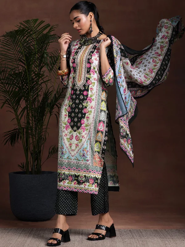 Affordable Plus Size Dresses Black Printed Poly Crepe Straight Suit With Dupatta