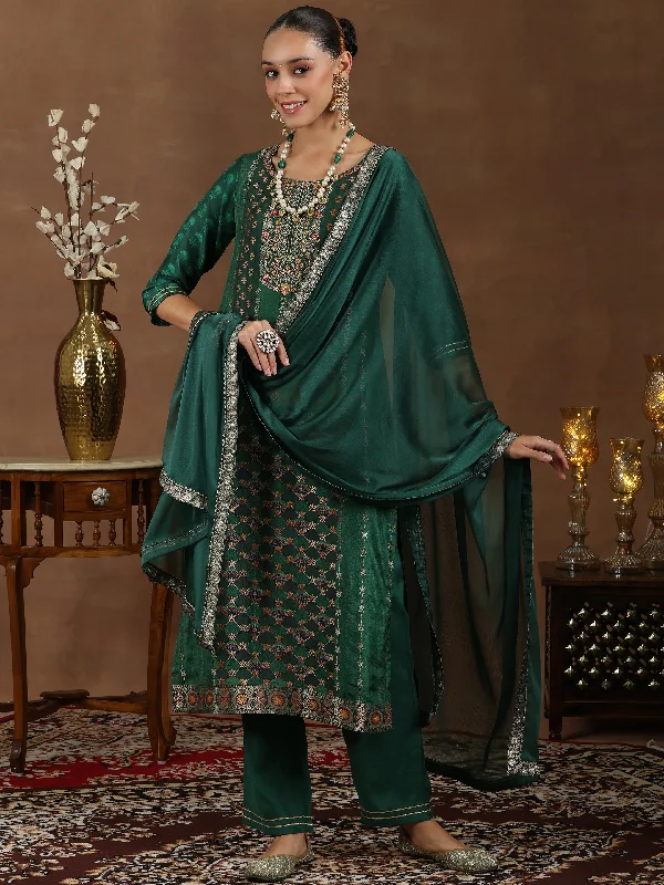 Lace Dresses For Women Green Woven Design Silk Blend Straight Suit With Dupatta