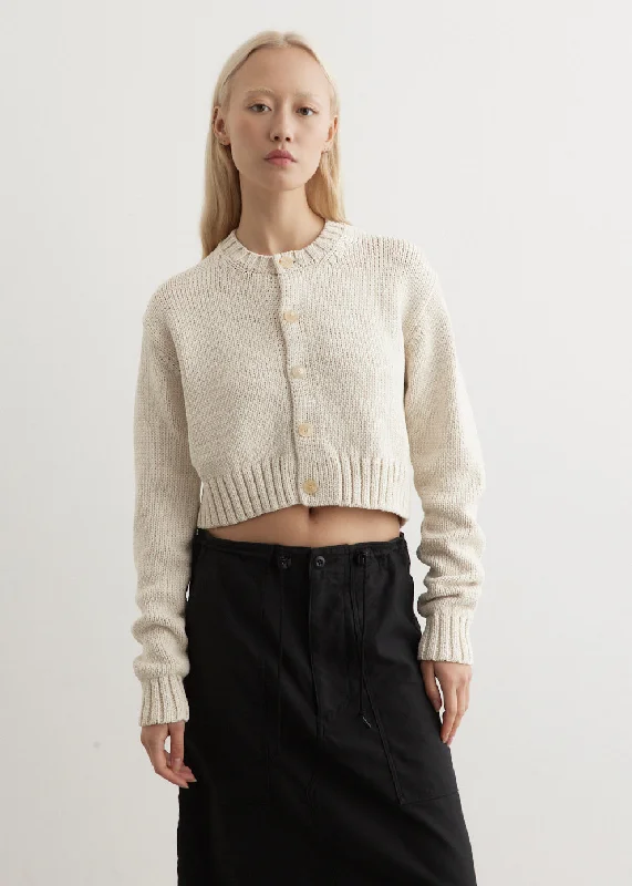 Cotton Lily-Yarn Knit Crew Neck Short Cardigan