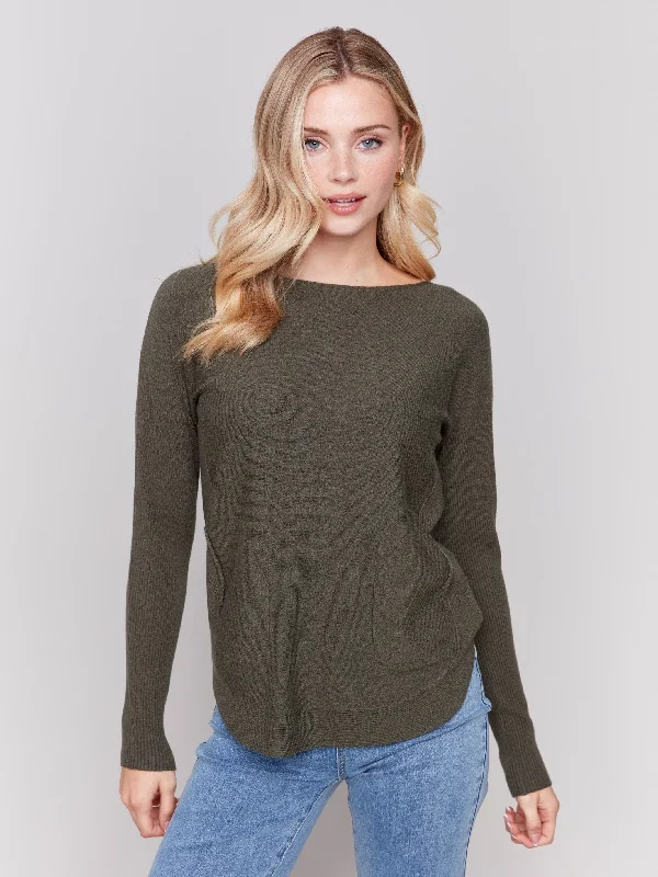 Knit Sweater with Back Detail Lace-Up - Spruce