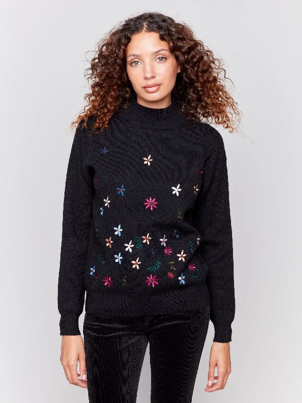 Mock Neck Sweater with Embroidered Flowers - Black