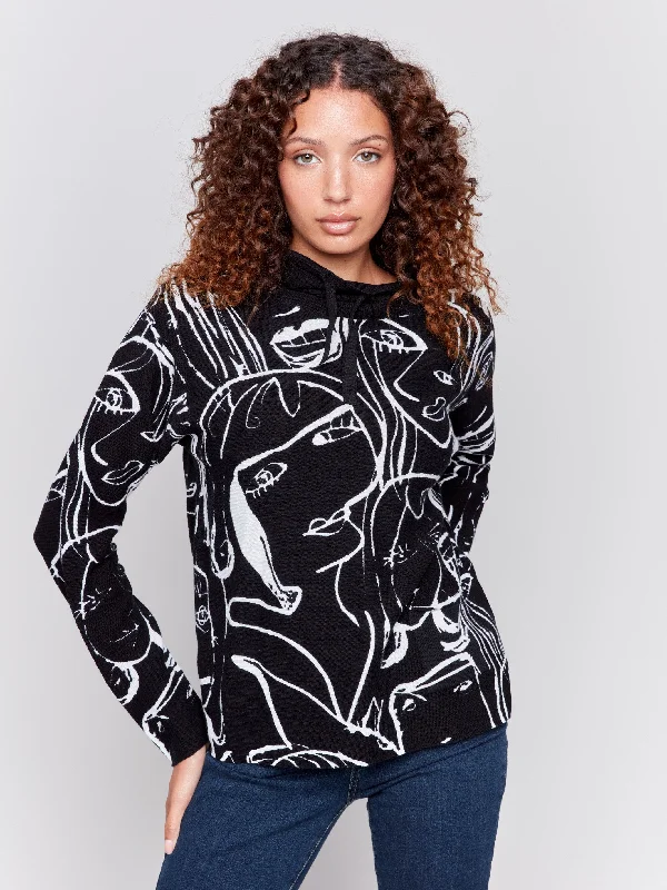 Printed Ottoman Cotton Funnel Neck Sweater - Faces