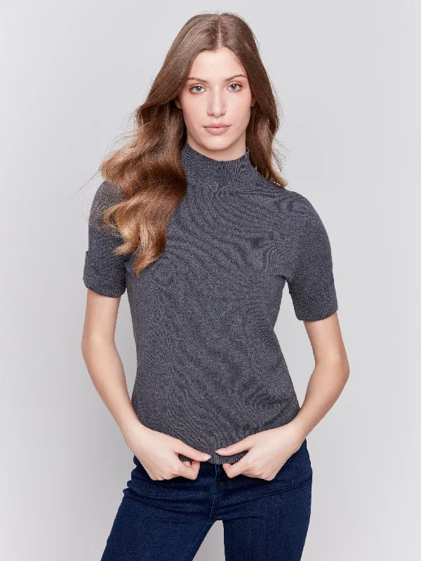 Short Sleeve Mock Neck Sweater - Charcoal