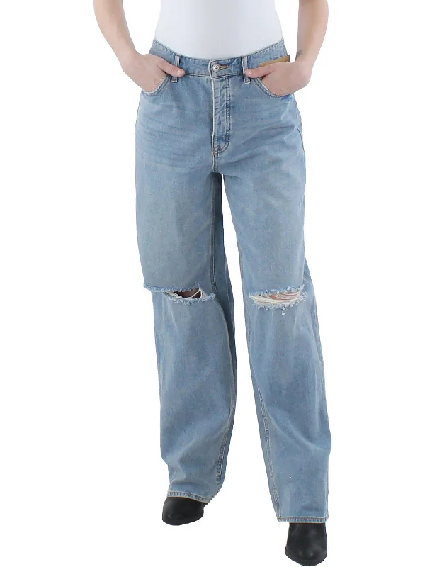 Womens High Rise Distressed Wide Leg Jeans