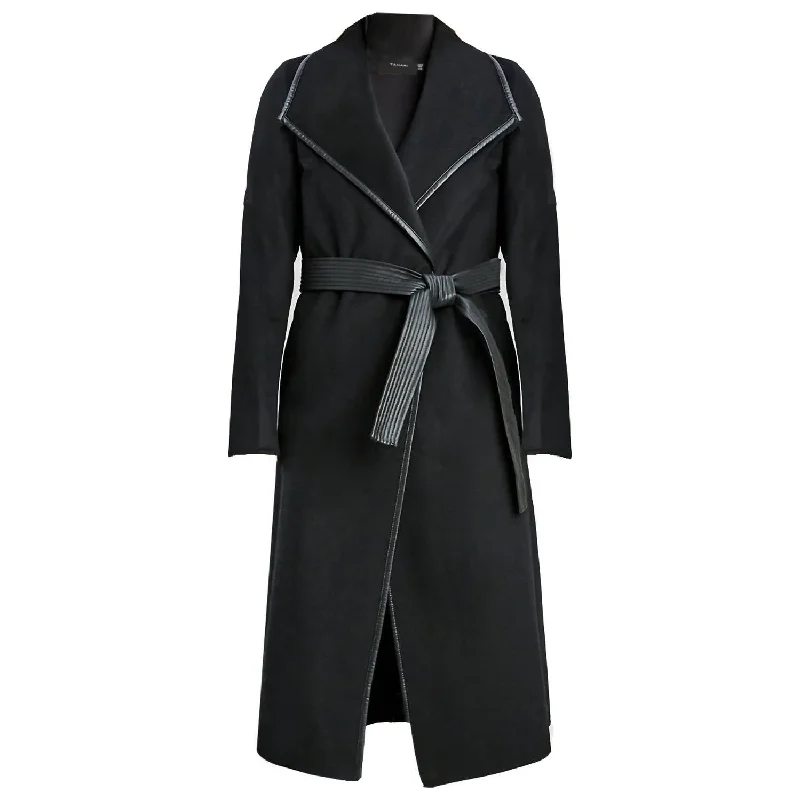 Women’s Party Dresses Belted Trench Coat Juliette Double Face Faux Leather Trim Belted  Wool Coat Black in Black