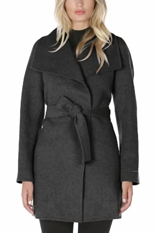 Winter Dresses For Women Cropped Trench Coat Wool Wrap Coat With Tie Belt in Deep Charcoal