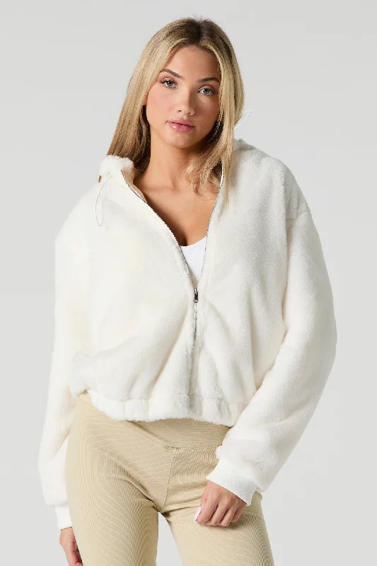 Faux Fur Zip-Up Hooded Jacket