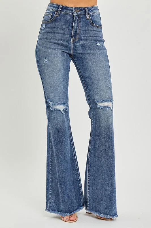 Risen Jeans High Rise Knee Distressed Flare Jeans